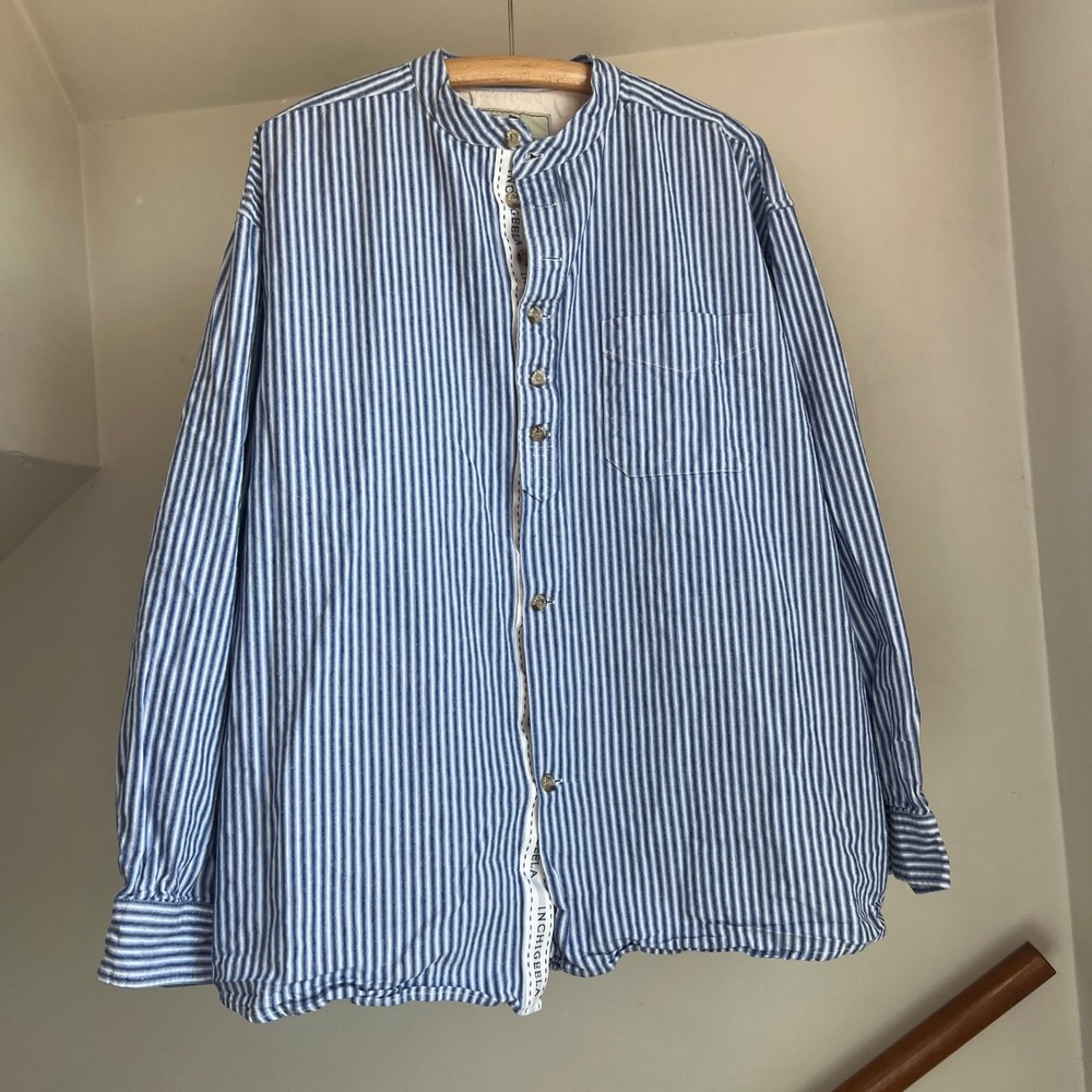 Lee Valley Grandfather Shirt XXL Blue White Stripe Banded Collar Irish Cotton